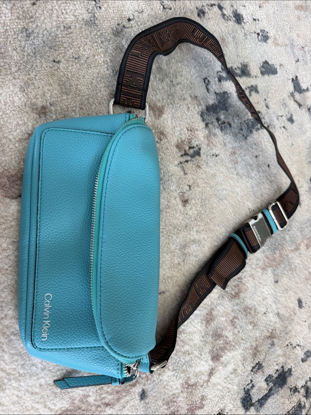 Calvin Klein Turquoise Pebbled Leather Belt Bag with Brown Strap